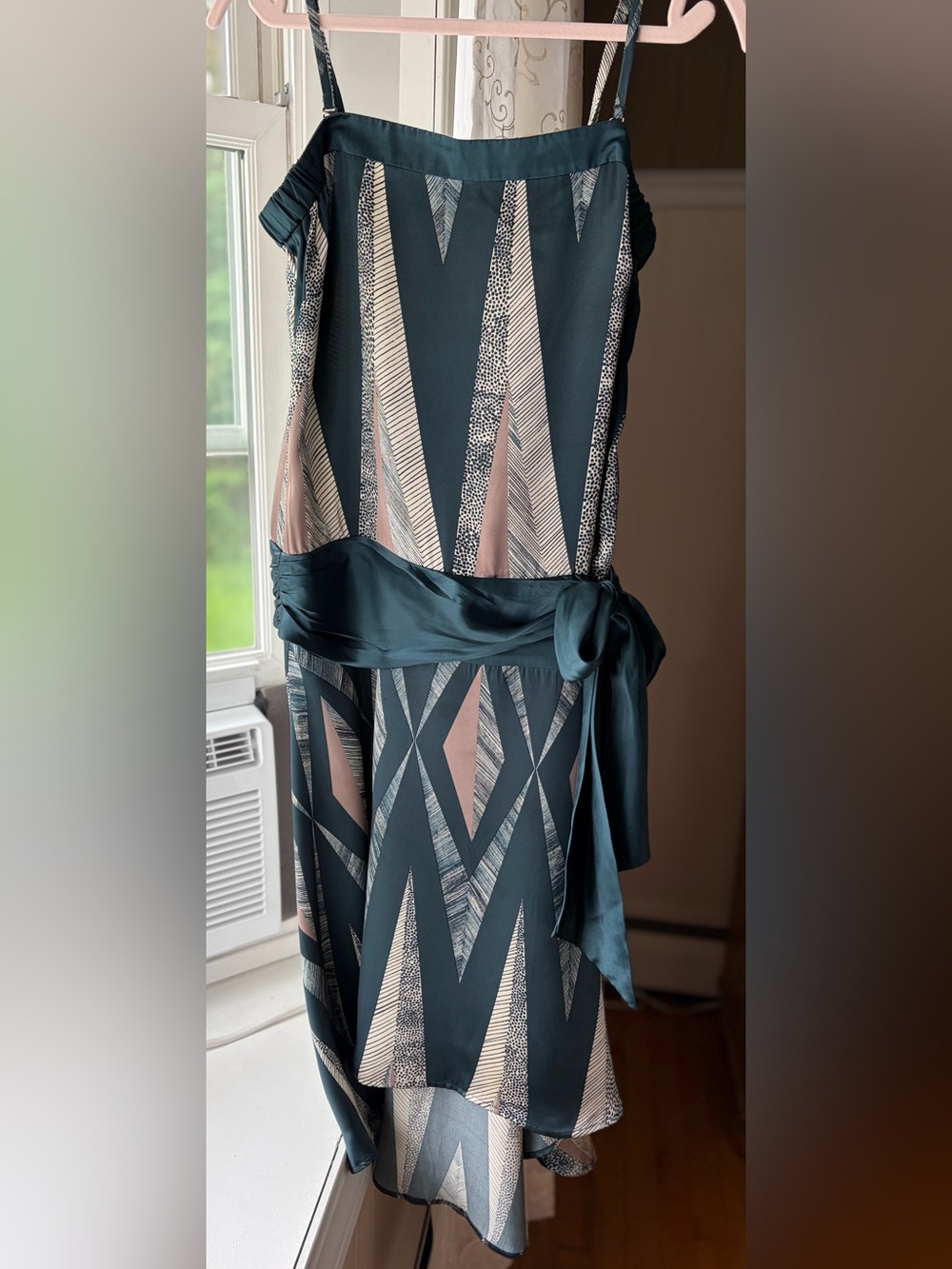 Ted Baker London Deep Teal & Tan Silk Abstract Print Slip Dress w Sash Sz 8-10